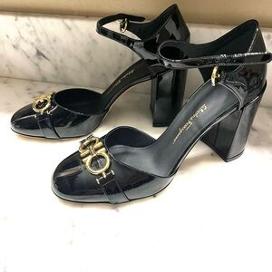Salvatore Ferragamo black patent leather Gancini ankle strap pumps